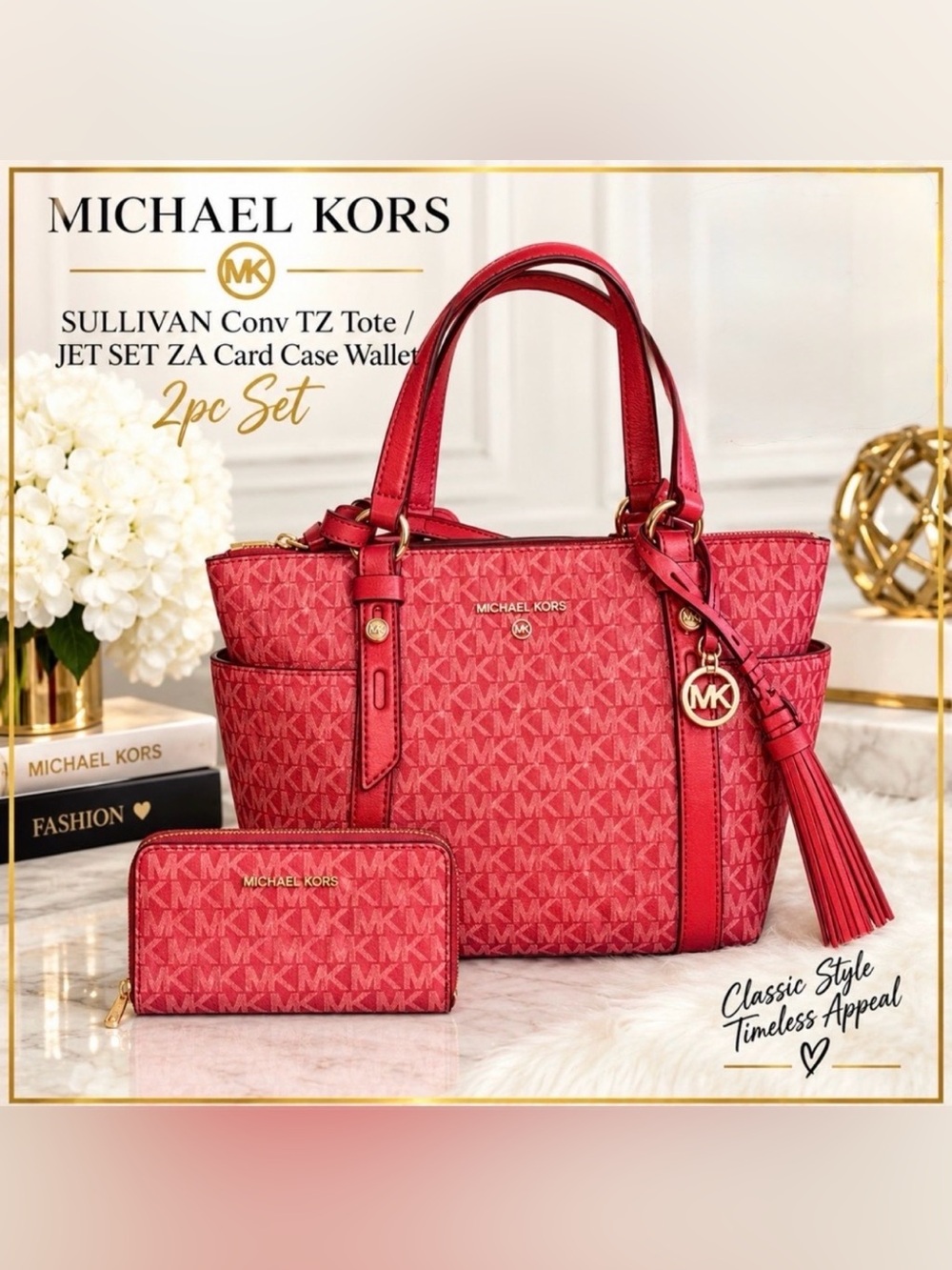 Michael Kors SULLIVAN Conv TZ Tote/JET SET ZA Card Case Wallet 2pc Set